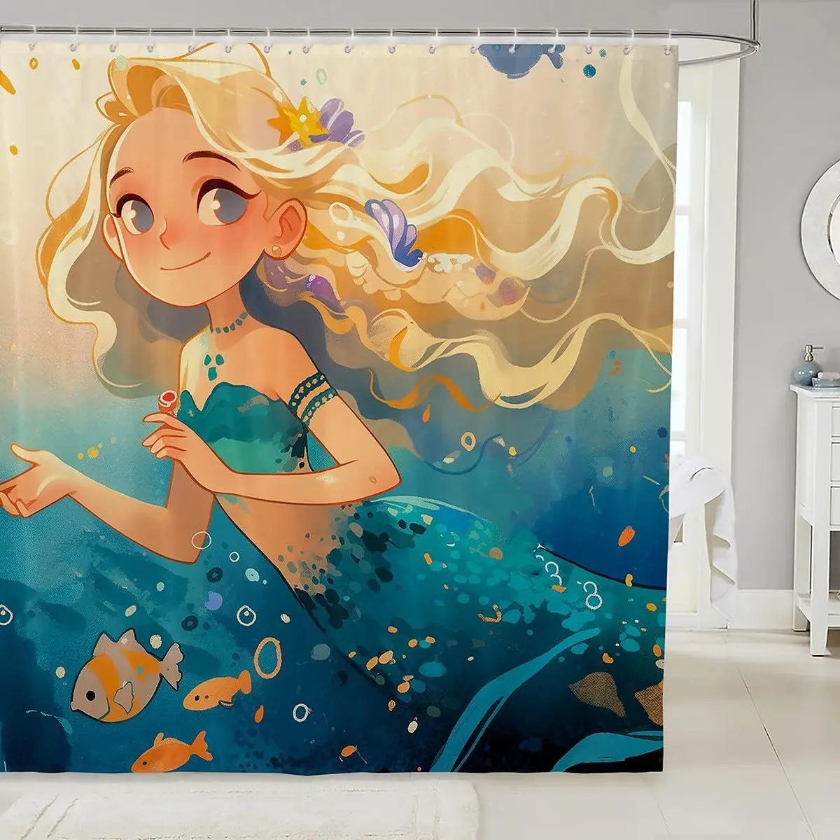 

Mermaid Shower Curtain Cartoon Princess Underwater Sea Life Kids Bathroom Decor180x230