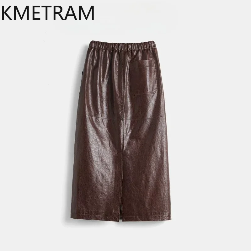 KMETRAM Waxed Sheepskin Genuine Leather Skirt Loose Drawstring Wrap Hip Women's Skirts High Waist Straight Skirts for Woman Юбка