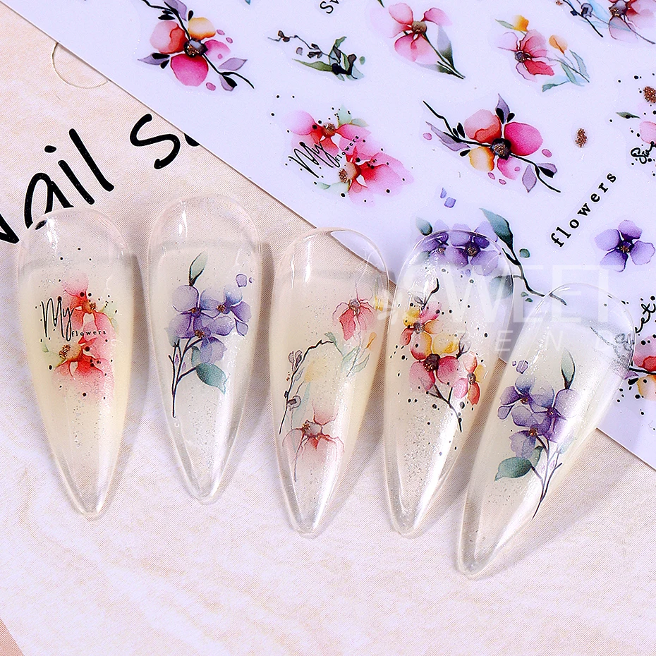 12 calcomanías 3D de flores y hojas para uñas, diseño de verano 5