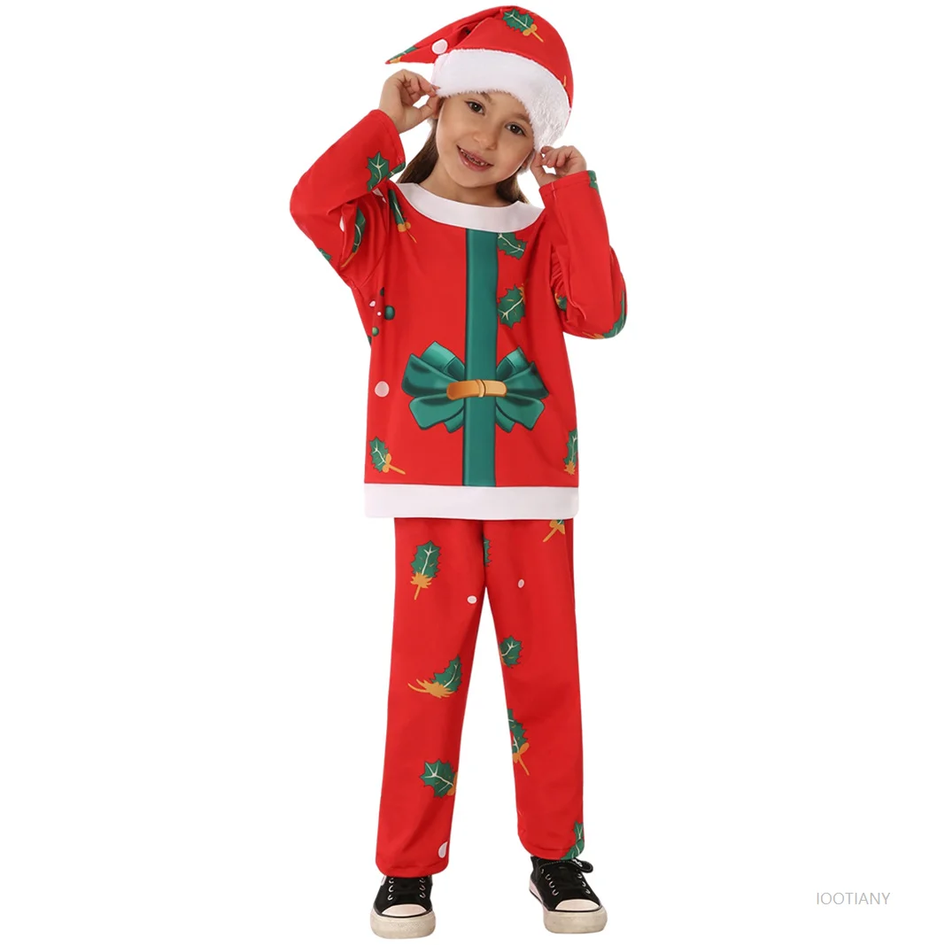 Christmas Children's Red Pajama Party Costume Girl Cute Gift Box Printed Set Kindergarten Holiday Stage Performance Outfit 2026