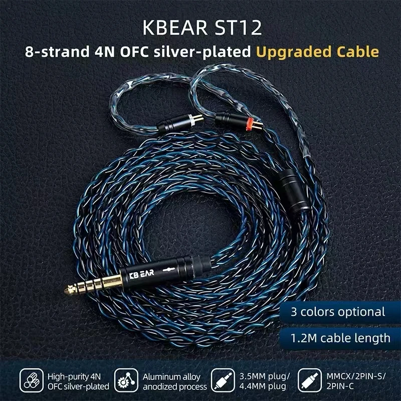 KBEAR-Câble de téléphone de sauna amélioré plaqué argent ST12, 8 cœurs, 3.5mm, 4.4mm, 2 broches, QDC, MMCX, Iem, écouteurs KZ, casque HIFI