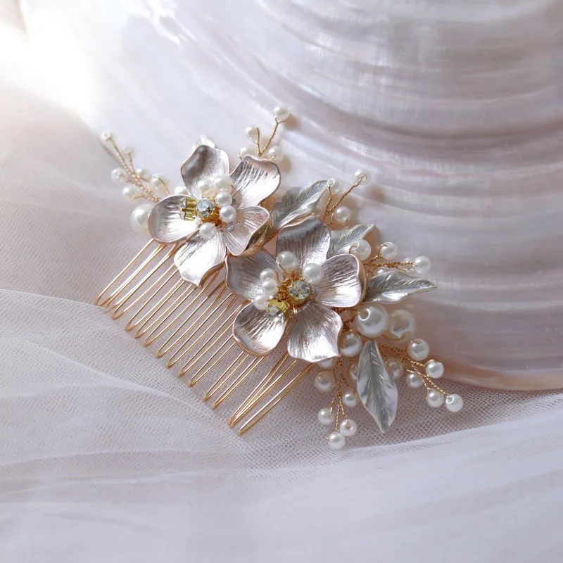 SLBRIDAL Handgefertigter Kristall-Strass-Perlen-Keramikblumen Braut-Haarkamm Hochzeits-Haaraccessoires Brautjungfern Damenschmuck – Detail 4