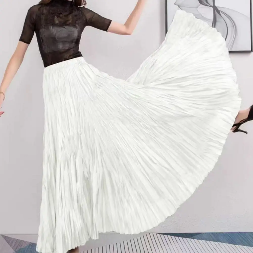 11 لون المرأة خمر ميدي تنورة واسعة مطاطا حزام عالية الخصر مطوي ألف خط تنورة الصيف السلس الساتان التنانير الطويلة