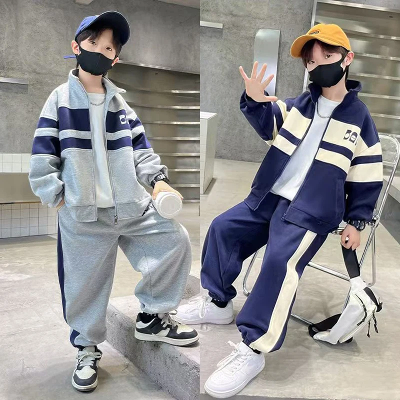 4-14 Years Teenger Boys Spring Boys Clothing Set Splicing Striped Style Fashion Coat + Pants 2Pcs Suit For Kids Children Outfit