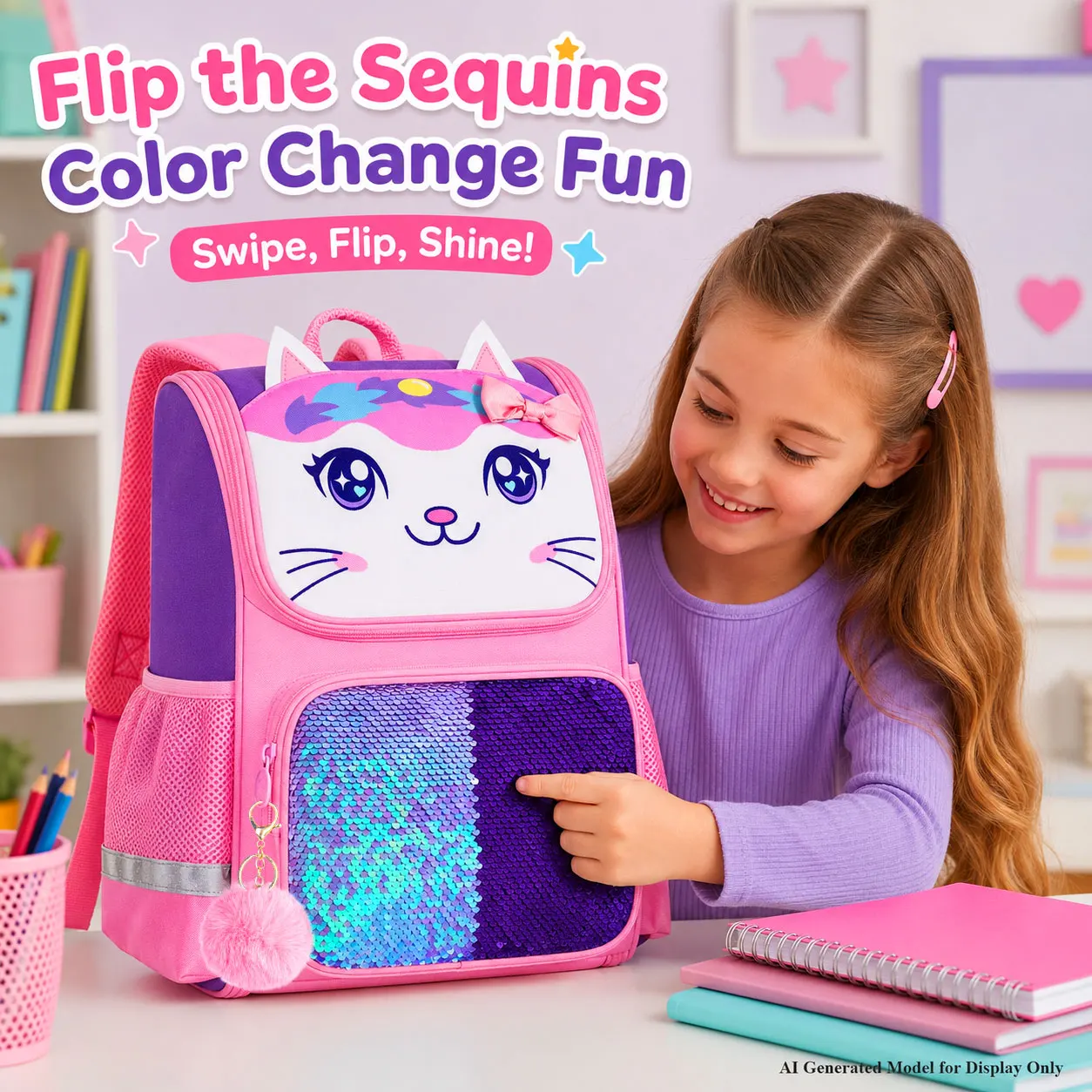 Kid's backpack 3PCS 15 Inch Hard Shell Set, Big Eyes Bow Cat Print, One Backpack + One Handbag + One Pencil Case