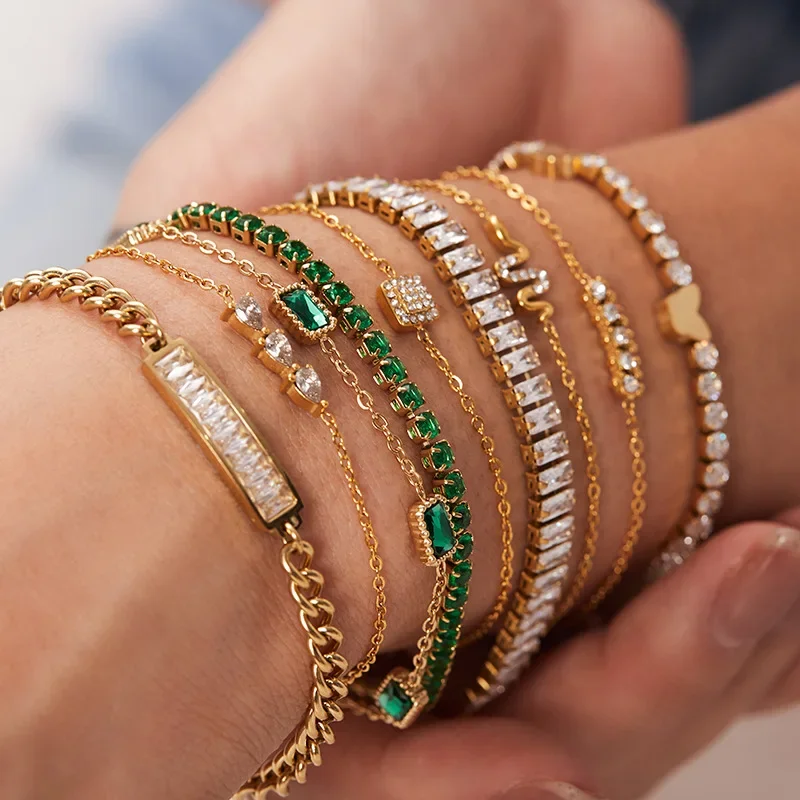 Pvd Gold Plated Stainless Steel Green Cubic Zirconia Dainty Snake Butterfly Tennis Link Chain Bracelets