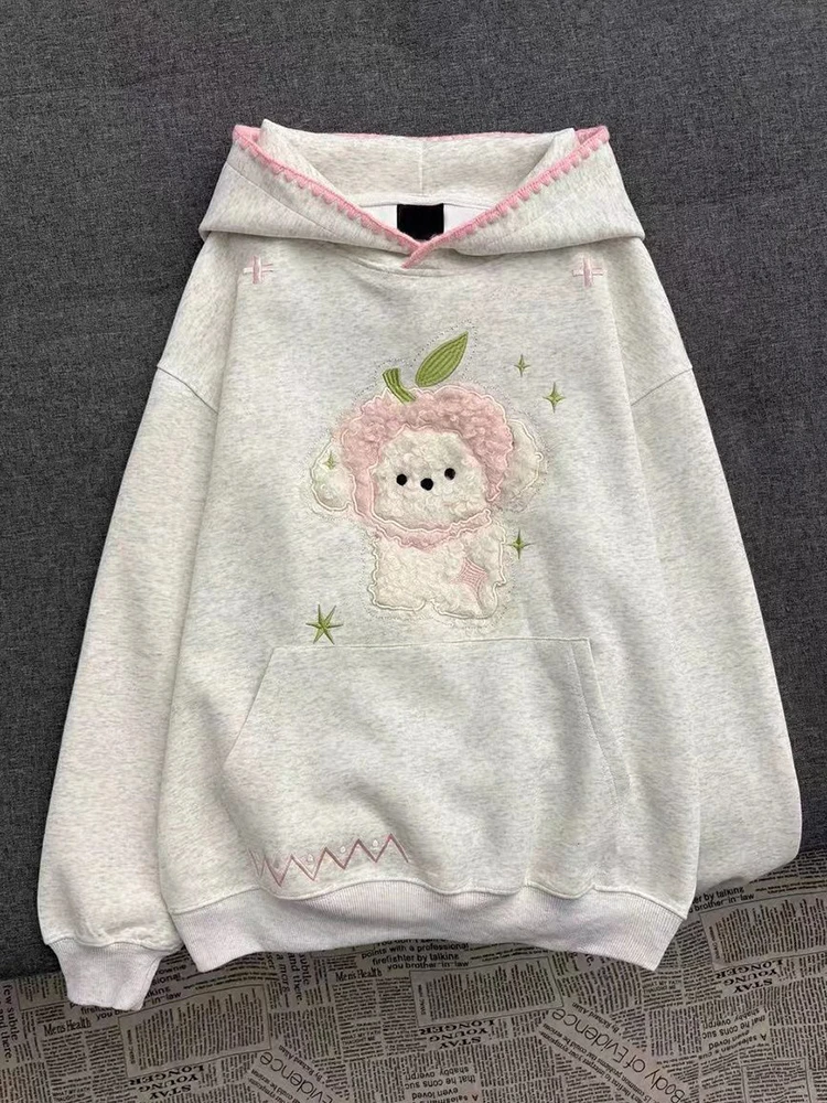 

Милые кавайные толстовки с героями мультфильмов, женские винтажные толстовки с длинными рукавами в консервативном стиле, милый свитшот в японском стиле с вышивкой и карманами, женские топы в стиле ретро