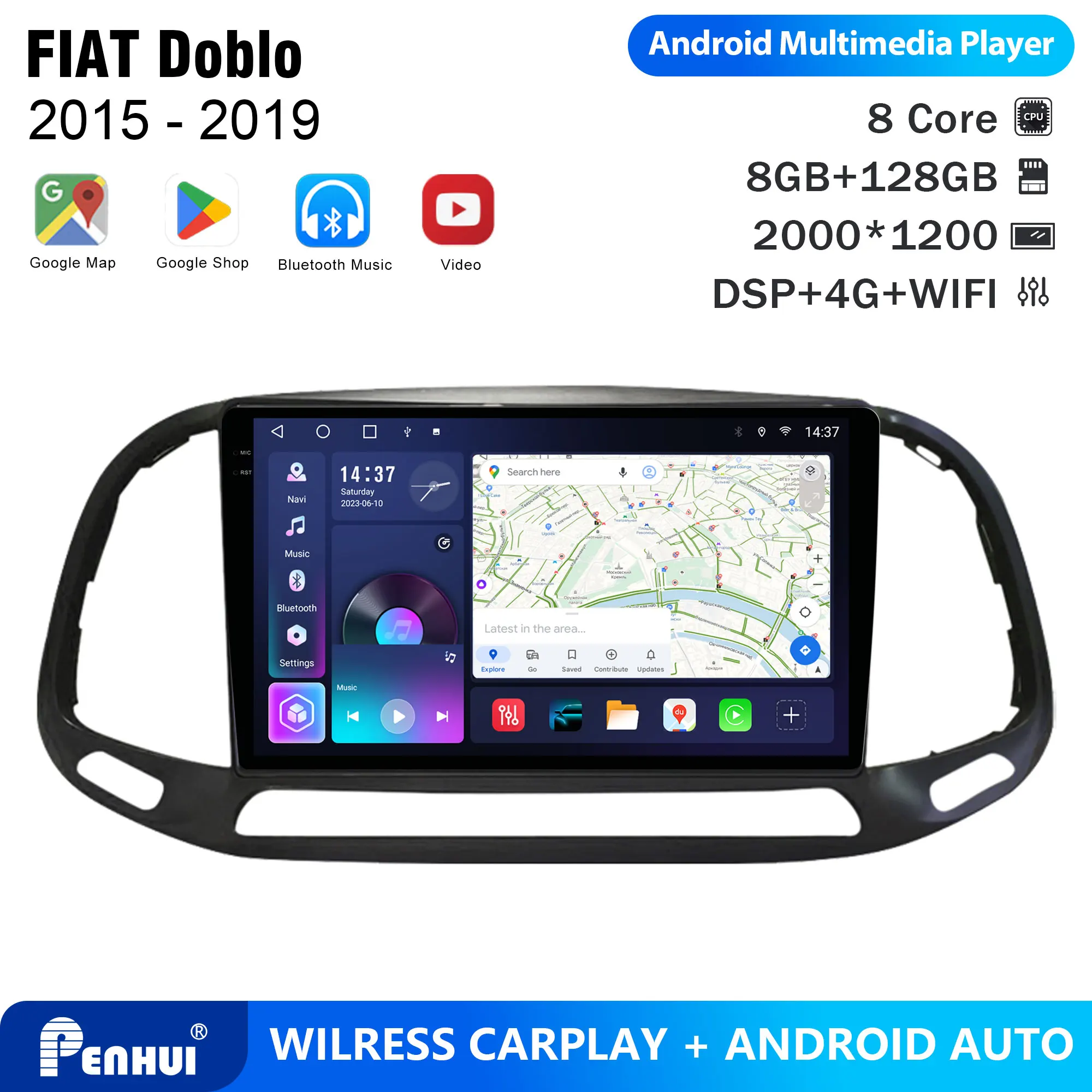 Penhui For FIAT Doblo 2015-2019 Android Car DVD Player 2Din 9'' Touchscreen DSP Bluetooth Video Radio Multimedia System