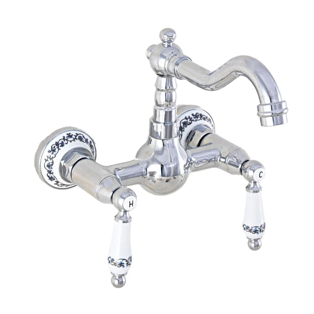 Polished Chrome Brass Bathroom Kitchen Sink Basin Faucet Mixer Tap Swivel Spout Wall Mounted Dual Ceramic Handles Lnf568