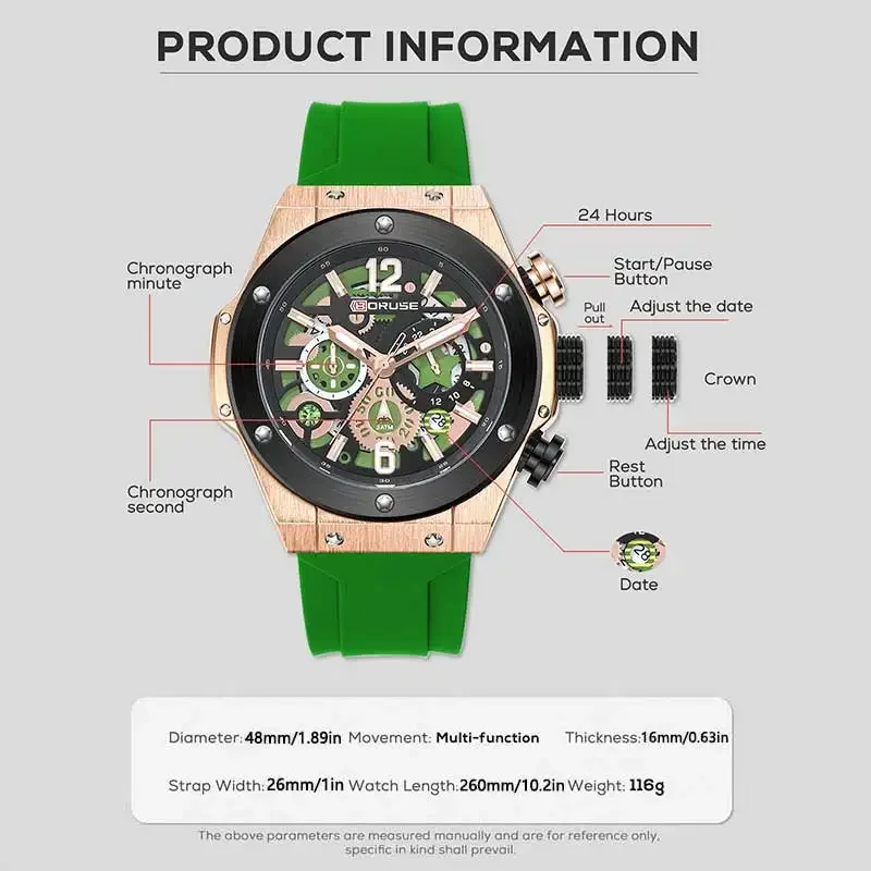 BORUSE 2 قطعة/مجموعة ساعة عصرية للرجال ساعة تاريخ تناظرية وقلادة حزام سيليكون أخضر قرص دائري للرجال أفضل خيار