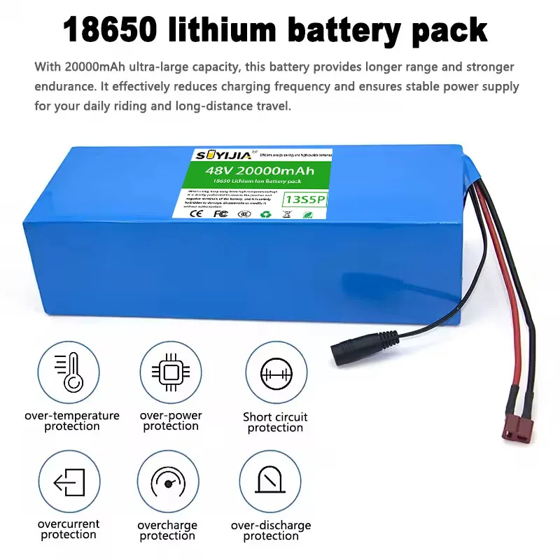 48V Electric Scooter Battery 13S5P 20Ah 18650 Grade-A Cells 2000W Built-in BMS XT60 JST High Capacity Long Range Safe & Durable