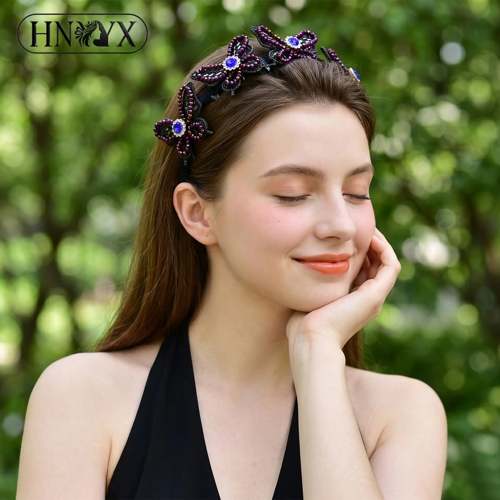 

HNYYX Vintage Purple Butterfly Jagged Teeth Anti Slip Headwear Elegant Crystal Head Hoop Handmade Daily Banquet Headband A433
