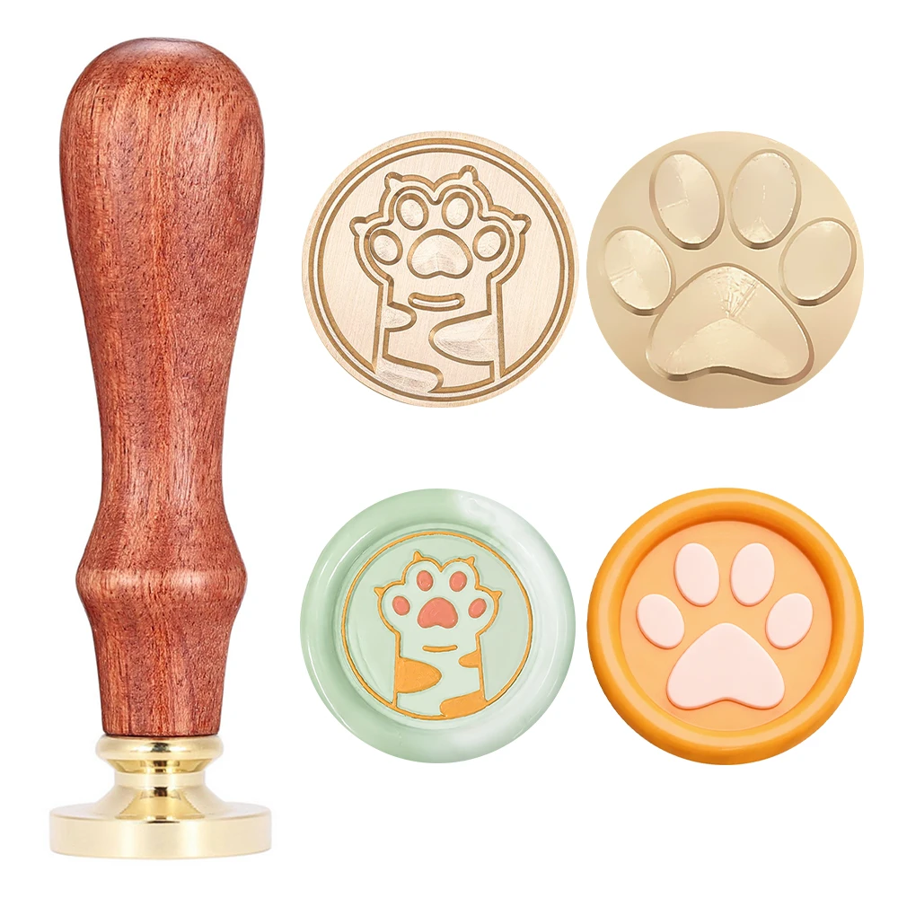 1Set Wax Seal Stamp Dog Paw Print Sealing Wax Stamps 25mm Retro Vintage Removable Brass Stamp Head with Wood Handle