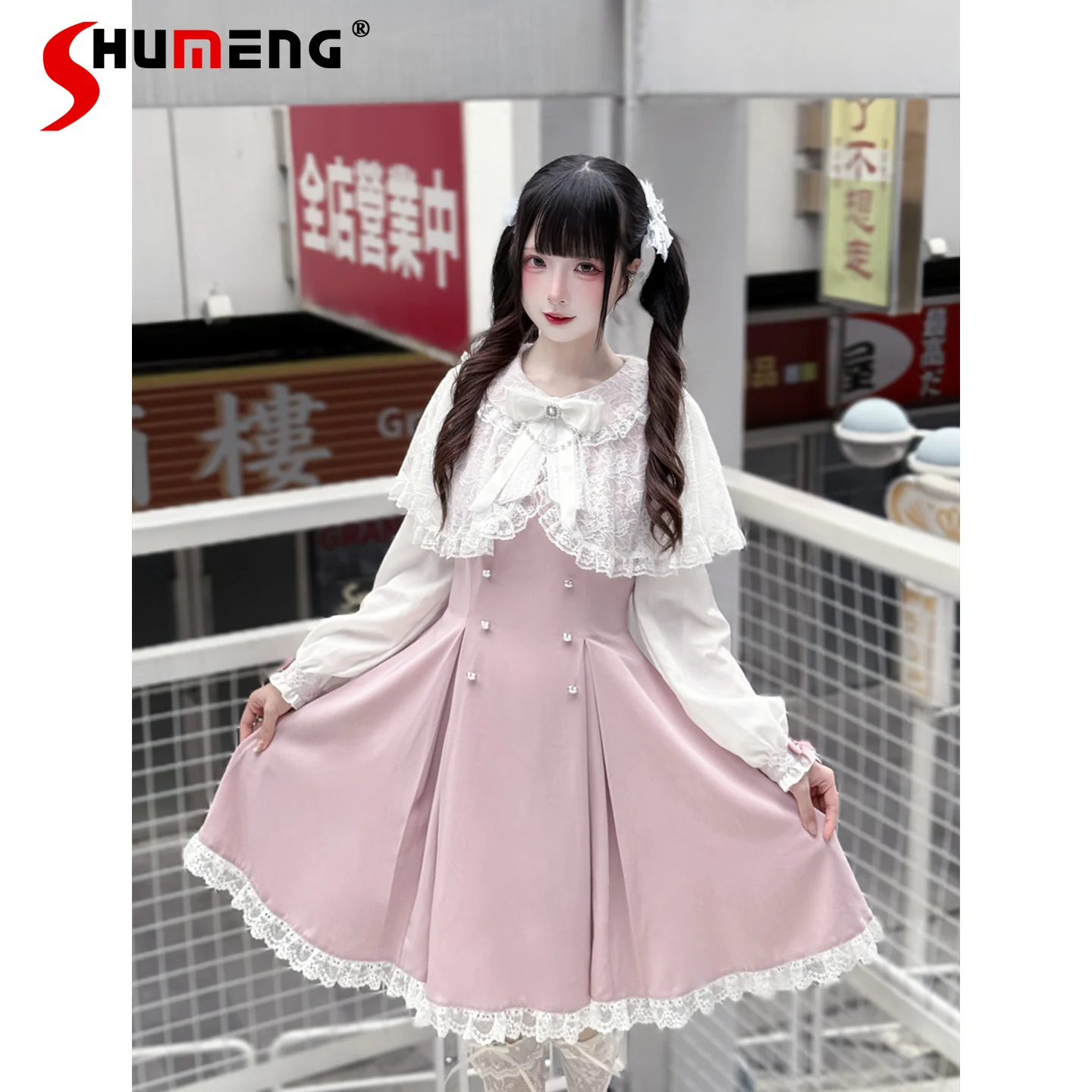 

Original Japanese Mines Style Girl Cloak Splice Long Sleeve Bow Heart Button Sweet Cute Lolita Pink Short Dress for Women Autumn