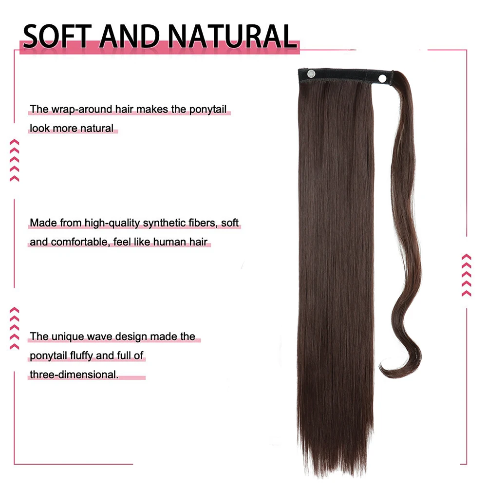 Synthetic Hair 22\'\'32In Long Straight Ponytail Fake Hair Tail Wrap Around Ponytail Clip in Hair Extensions Natural Hairpiece