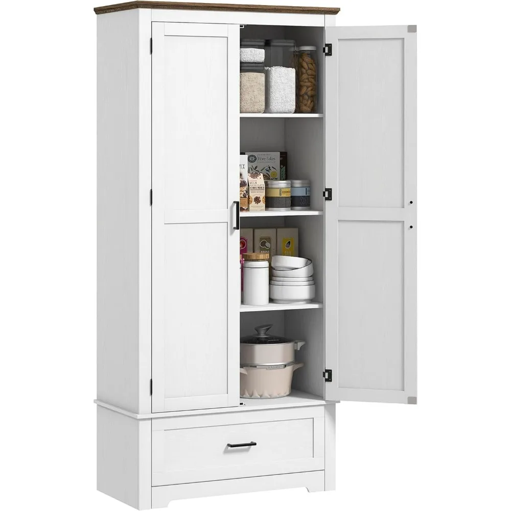 

Кухонный шкаф для хранения кладовой высотой 69 дюймов, отдельно стоящий шкаф для кладовой в фермерском доме с 2 дверцами, ящиком и регулируемыми полками, Whi