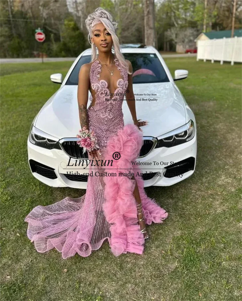 

Pink Sparkly Long Trumpet Evening Birthday Dresses For Black Girl Luxury Diamond Gillter Ruffles Prom Ceremony Gala Dress