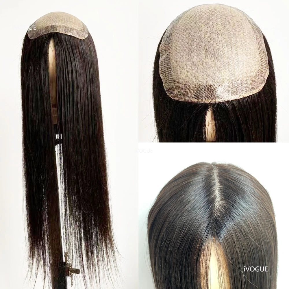 Rambut manusia Virgin panjang 24 inci ujung rambut silikon banyak warna kulit palsu kulit kepala dasar sutra rambut palsu wanita dengan klip atau sekitar PU