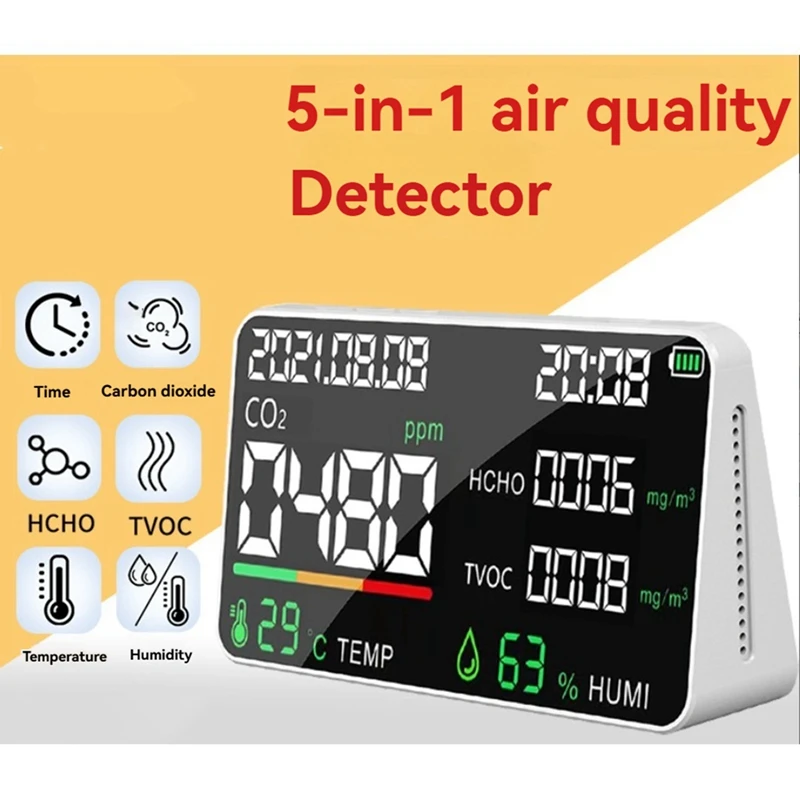 

Монитор качества воздуха Умный тестер качества воздуха с HCHO TVOC PM2.5 PM1.0 CO 2, отображение температуры, влажности и времени