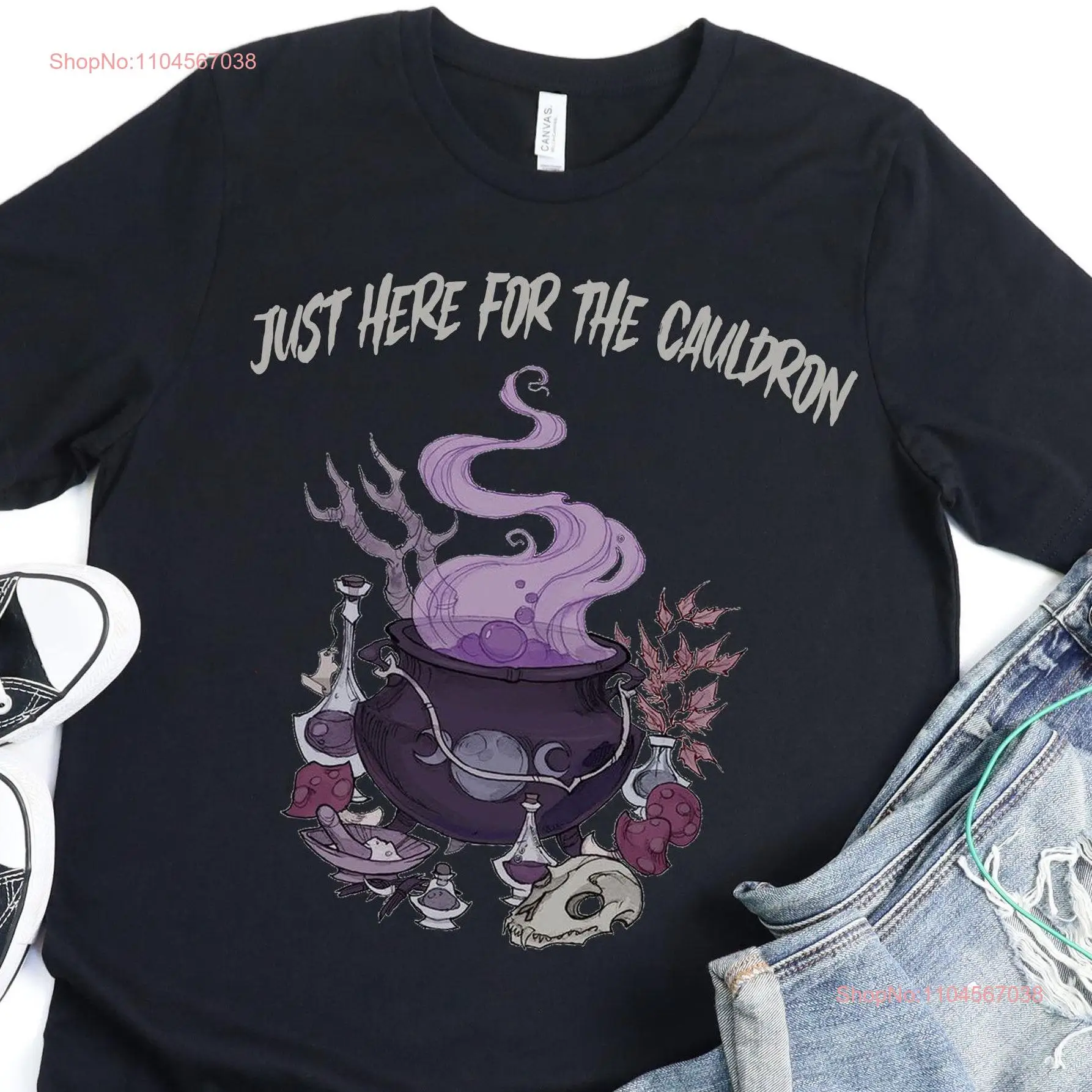 

Just Here for the Cauldron T Shirt Halloween Witch vintage funny witchy spooky long or short sleeves