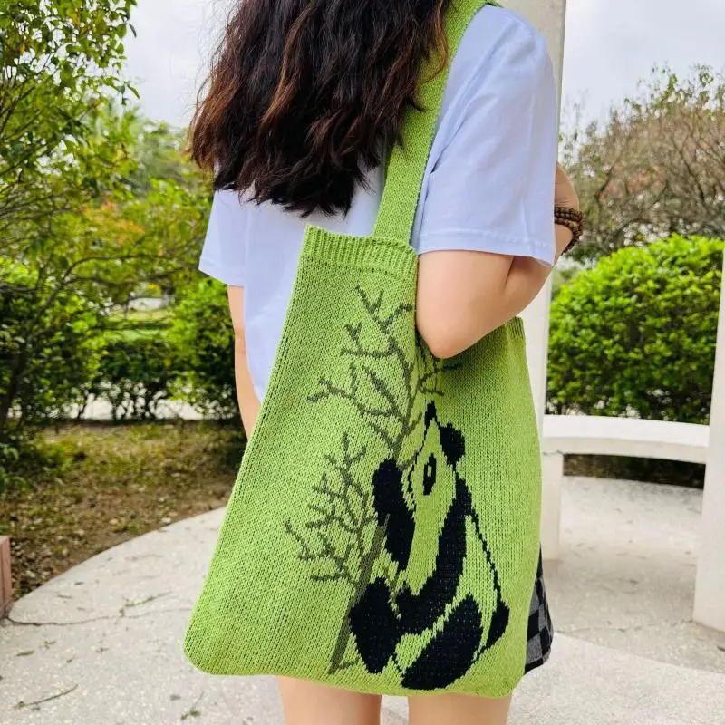

2024 New Fashion Woven Shoulder Bags For Women Casual Panda Pattern Tote Bag Ladies Knitted Handbags Female Shopper Bags