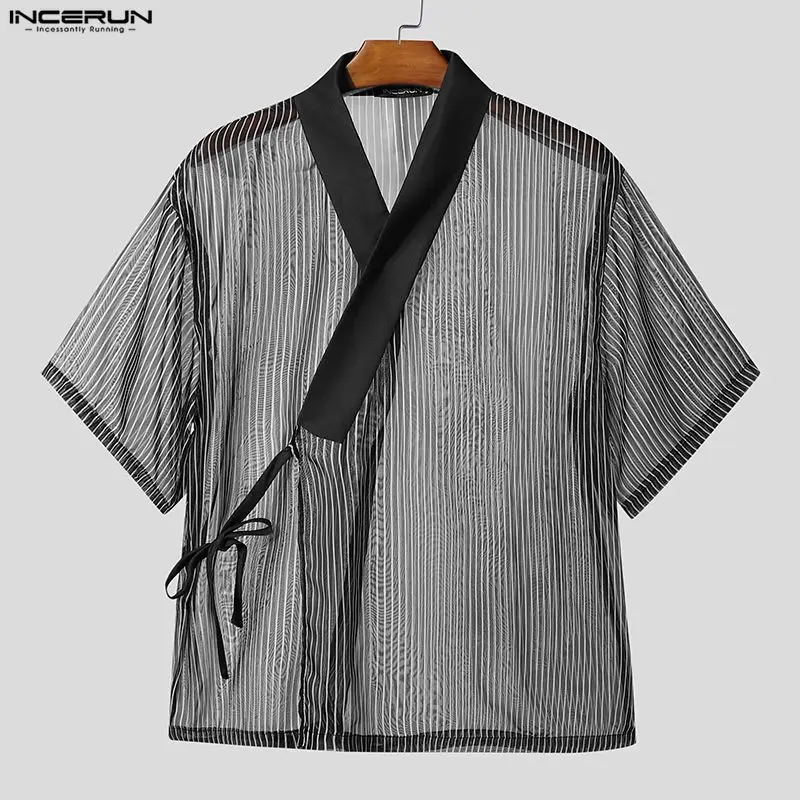 INCERUN Men's Shirt Mesh Striped Patchwork V Neck Short Sleeve See Through Male Tops Streetwear 2026 Lace Up Fashion Men Clothes