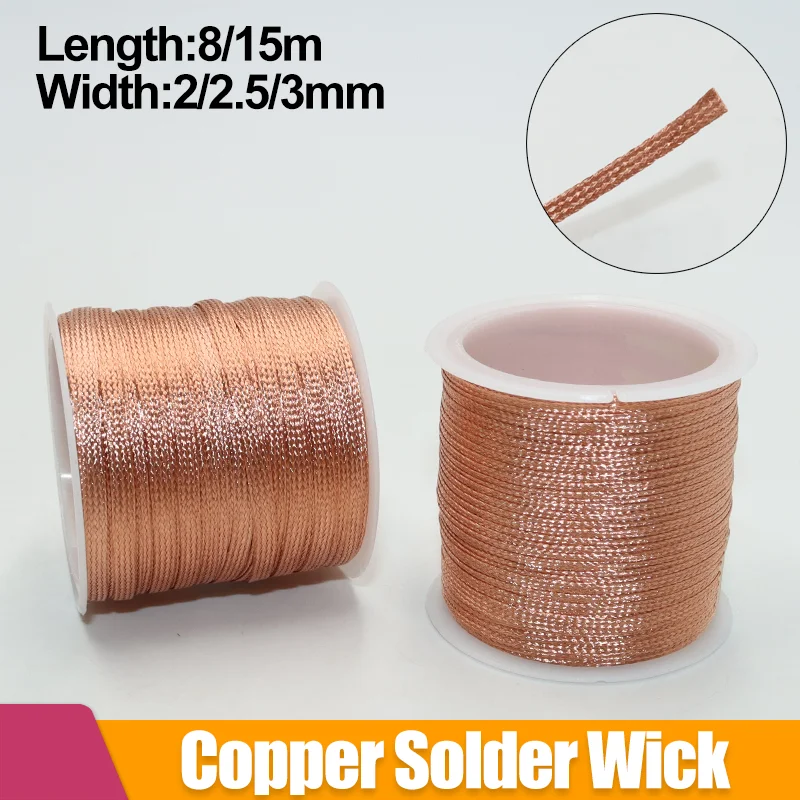 Długość 15/8M mocny knot lutowniczy rozlutownica drut miedziany siatka szerokość oplotów 2/2.5/3.0mm PCB narzędzie do usuwania BGA cyna spawanie narzędzie do lutowania