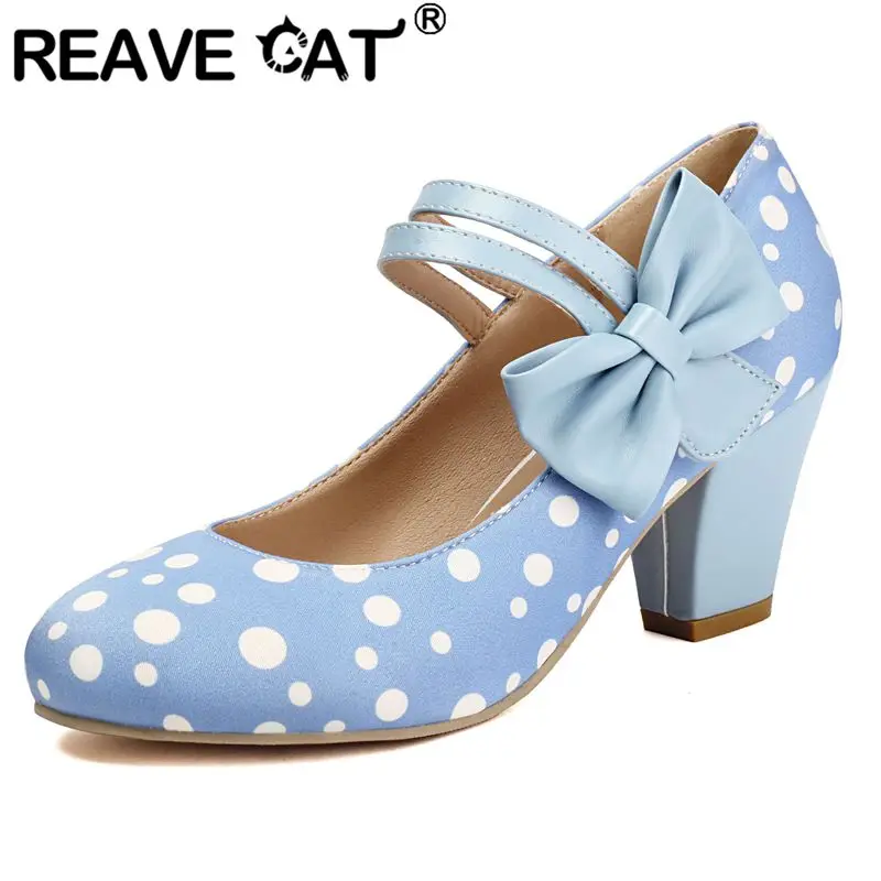 

REAVE CAT Sweet Mary Janes Туфли-лодочки для женщин с круглым носком и блочным каблуком 6,5 см с бантом и ремешком, большой размер 46 47 48 Смешанные женские туфли для свиданий