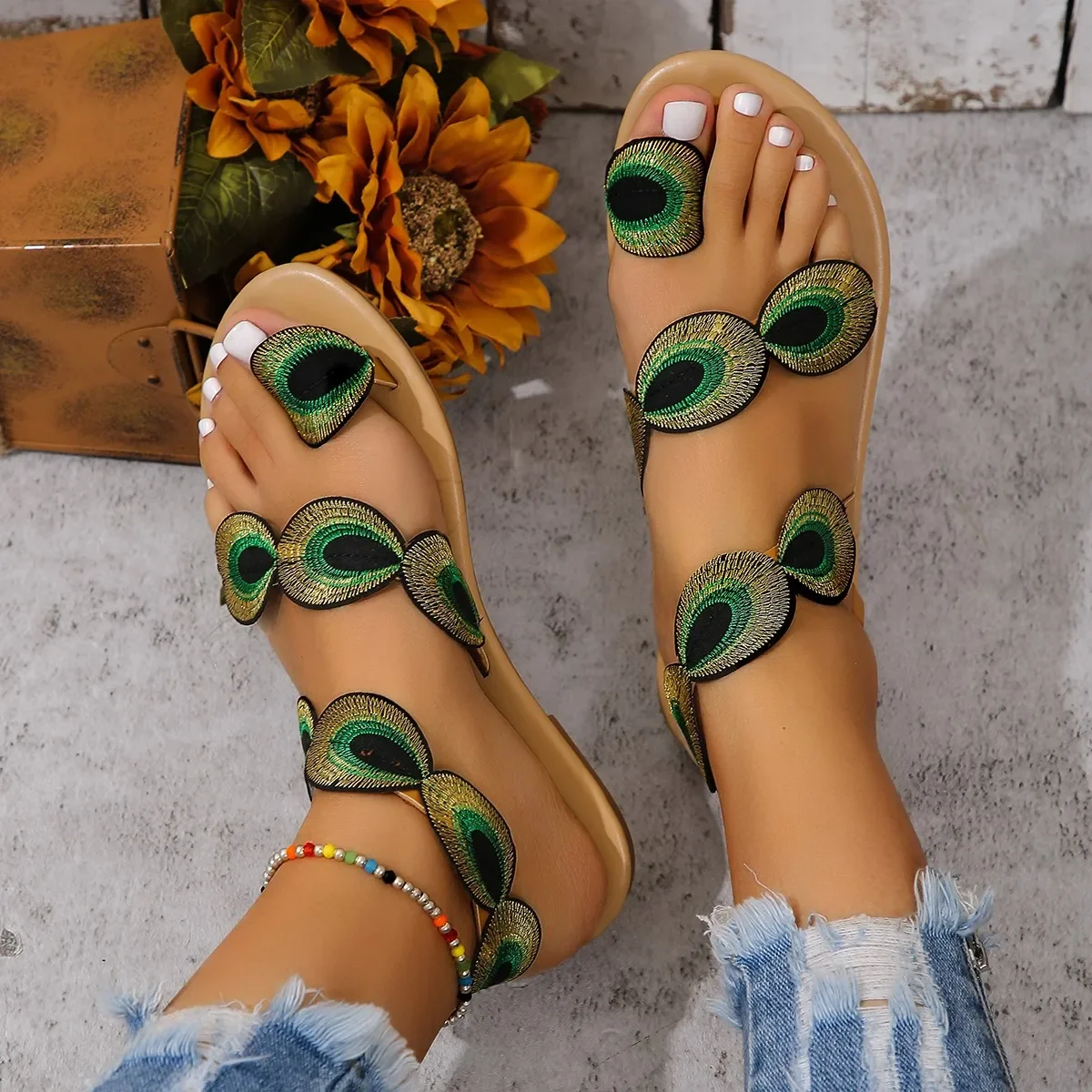 Yellow Embroidered Faux Flower Fashion Sandals Flat Plus Size 43 Summer Outdoor Beach Shoes Travel Mom Shoes image 2