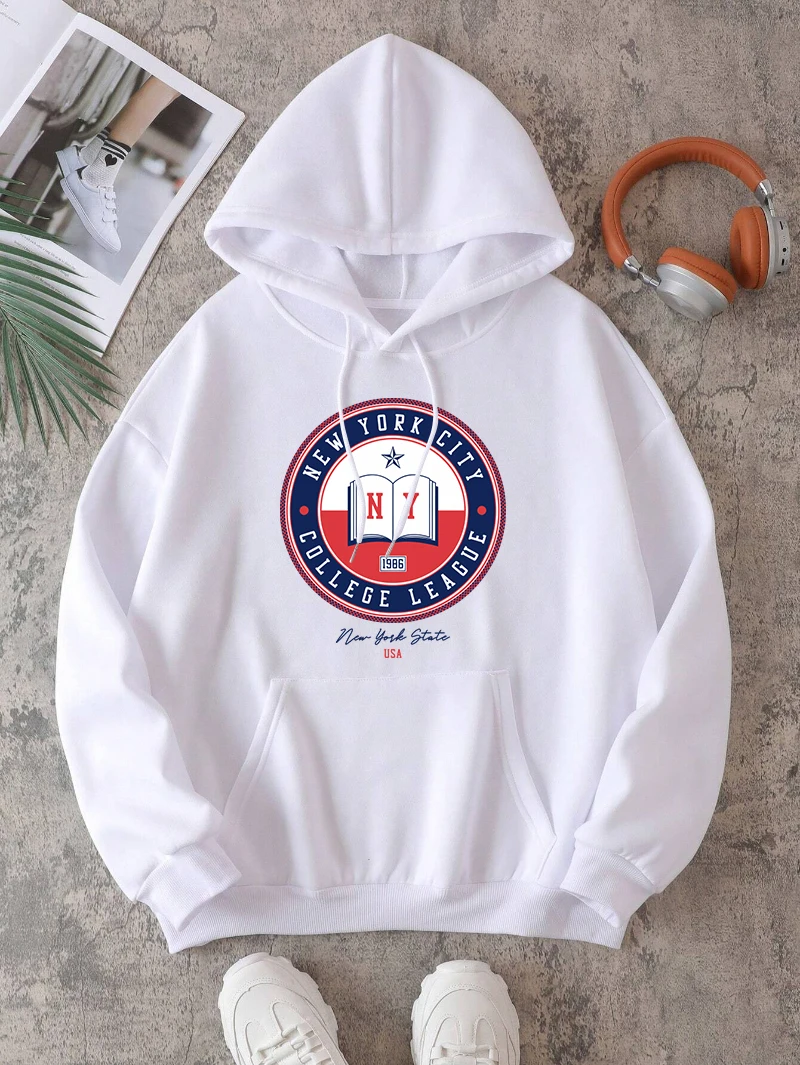 New York City Hoodieสตรีวิทยาลัยลีกพิมพ์Streetwearขนแกะกระเป๋าหลวมHoodedฤดูหนาวสบายเสื้อผ้าผู้หญิง