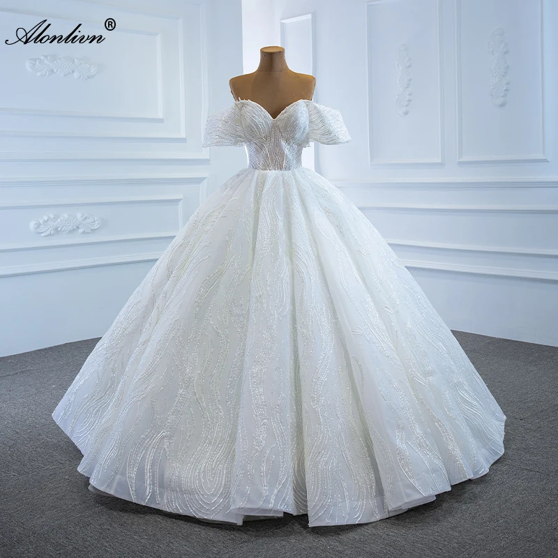 Alonlivn Sweetheart Luxury Shiny Lace Ball Gown Wedding Dresses Off The Shoulder Bridal Skirts