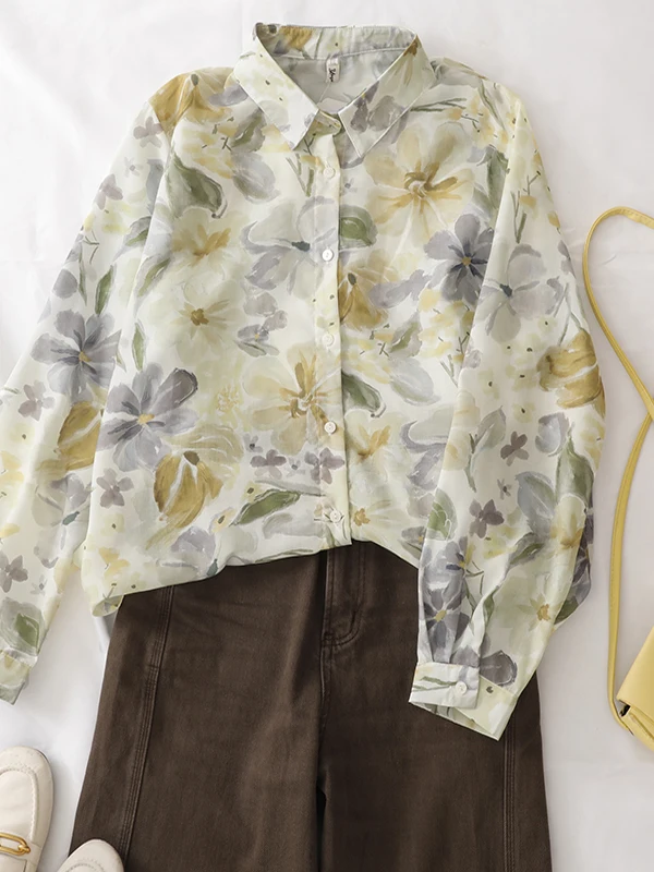

Yellow Floral Print Long Sleeve Shirt Women's Summer Artistic Floral Blouse Versatile Slimming Elegant Top Trendy Cotton Shirt