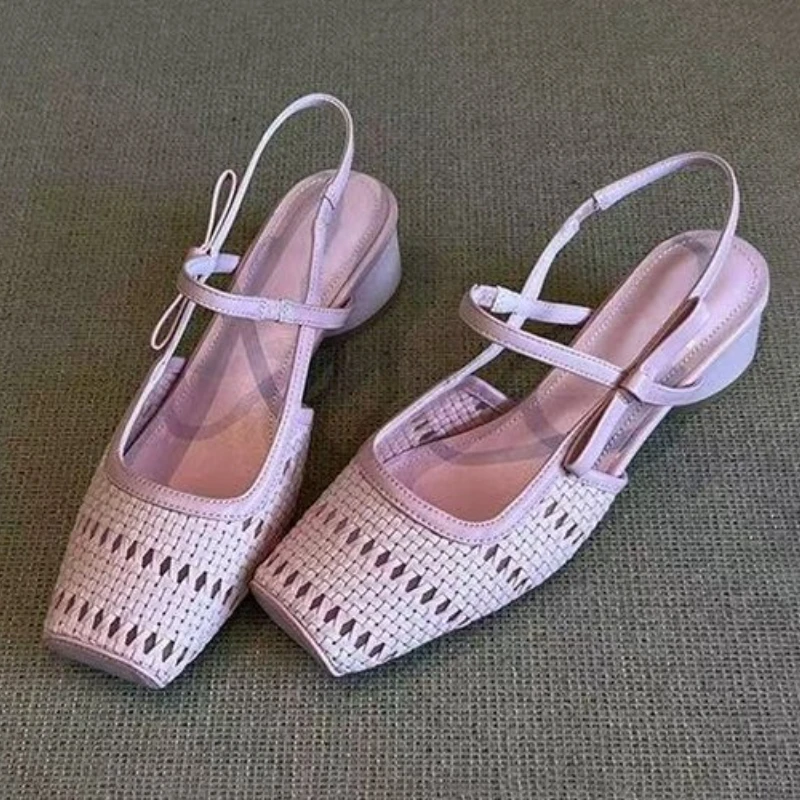 Sandal Hak Jaring Wanita Sepatu Hak Sedang Pita 2025 Sepatu Chunky Dangkal Ujung Persegi Mode Baru Musim Panas Slide Nyaman Berjalan Wanita