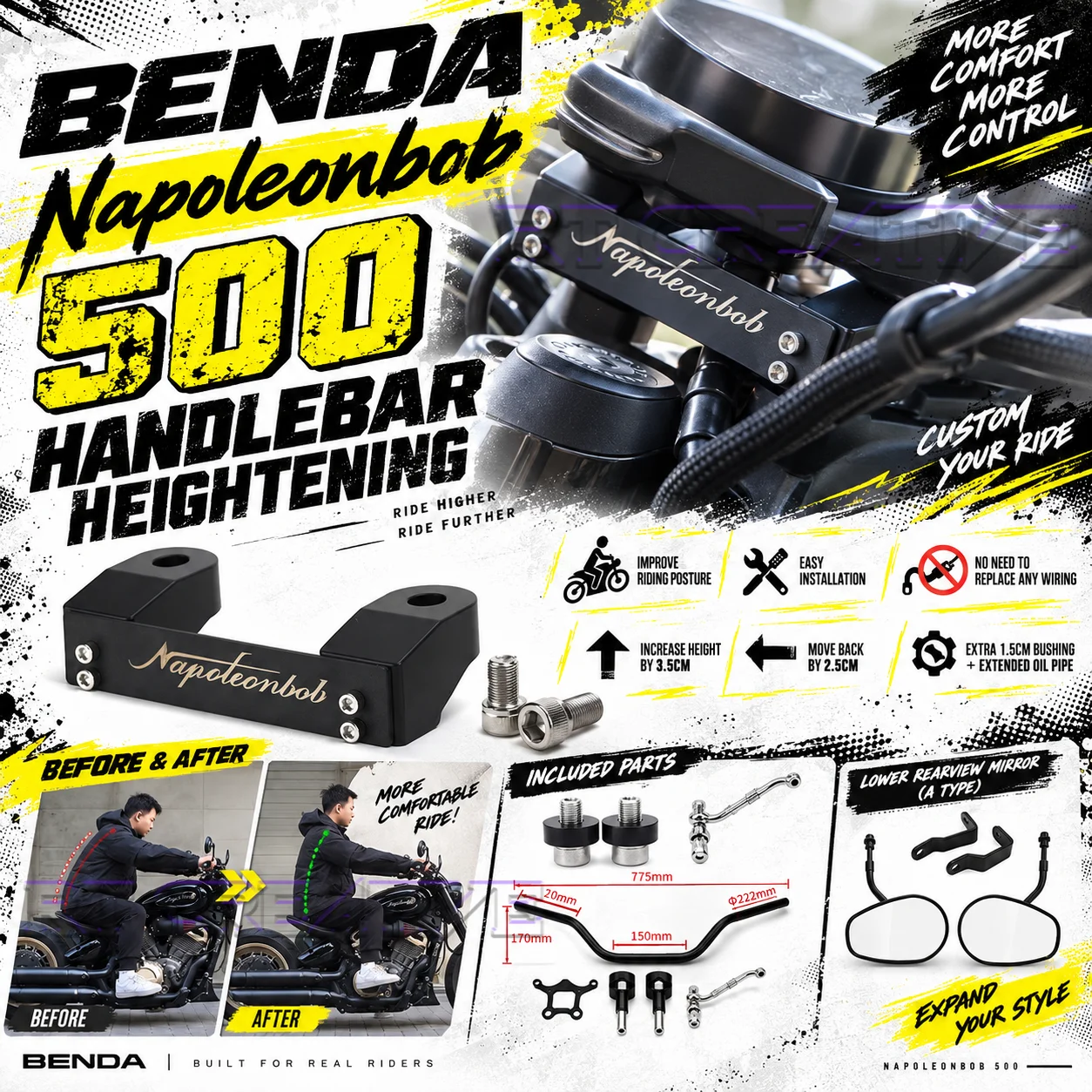 Motorcycle CNC Aluminum Handlebar Height Riser Spacer Fit BENDA Napoleonbob 500 Motorbike