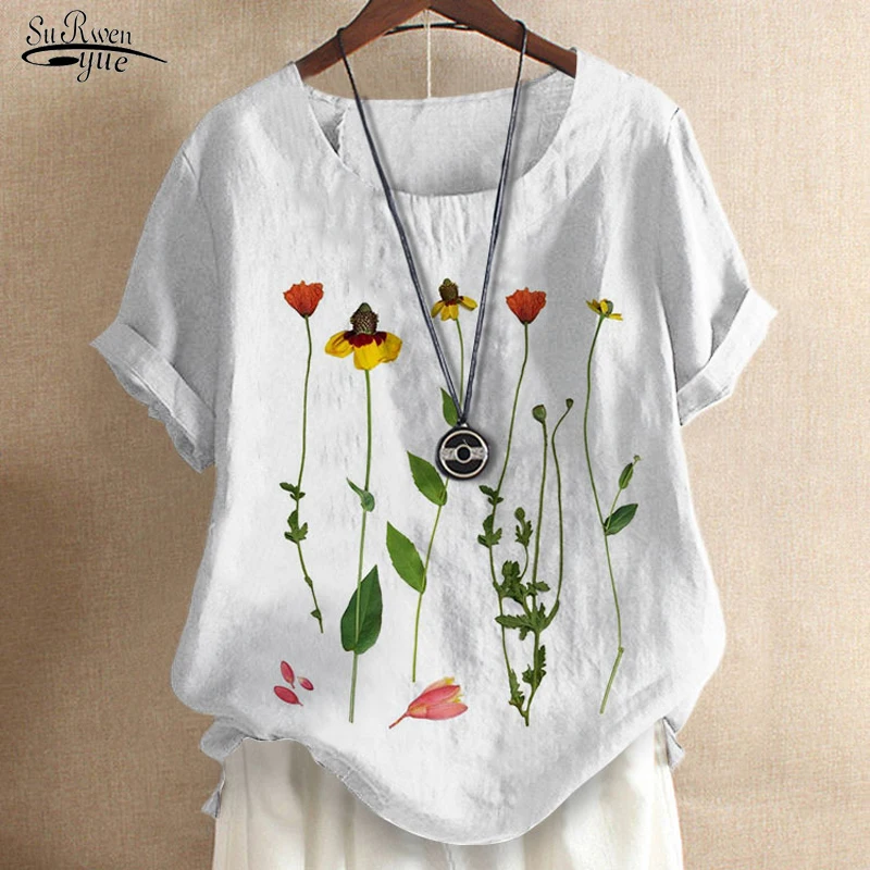 

Summer New Printed Short Sleeve Loose Blouse Fashion Vintage Office Lady Tops Casual O-neck White M-5XL Shirt Blusas Mujer 22431