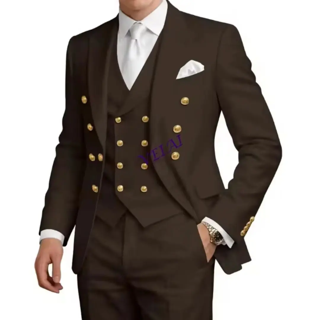 Maßgeschneiderter 3-teiliger Herrenanzug mit Doppelreiher und Goldknöpfen für Hochzeit und Abschlussball, bestehend aus Jacke, Weste und Hose.