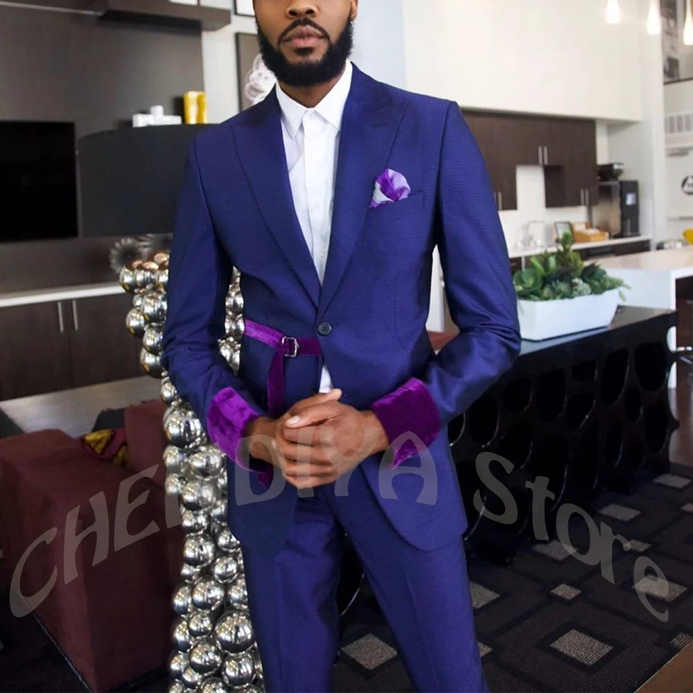 High Street Designer Suit Peaked Lapel Blazer With Velvet Cuff Waist Belt Slim Fit Formal Men Suit Outfit For Casual Party Gala