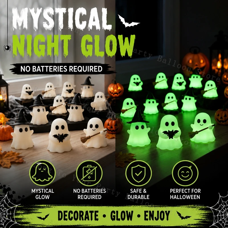 Halloween Luminous Ghost Figurines Set, Cute Luminous Mini Ghost Statue Witch Hat Bat Broom, Spooky Table Decor for Halloween