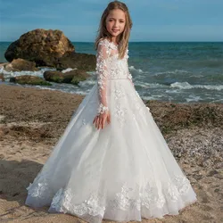 Vestidos de primera comunión de manga larga, calcomanía de encaje de tul, vestido de princesa con flores para niña, fiesta de boda, baile, sueño, regalo sorpresa para niños