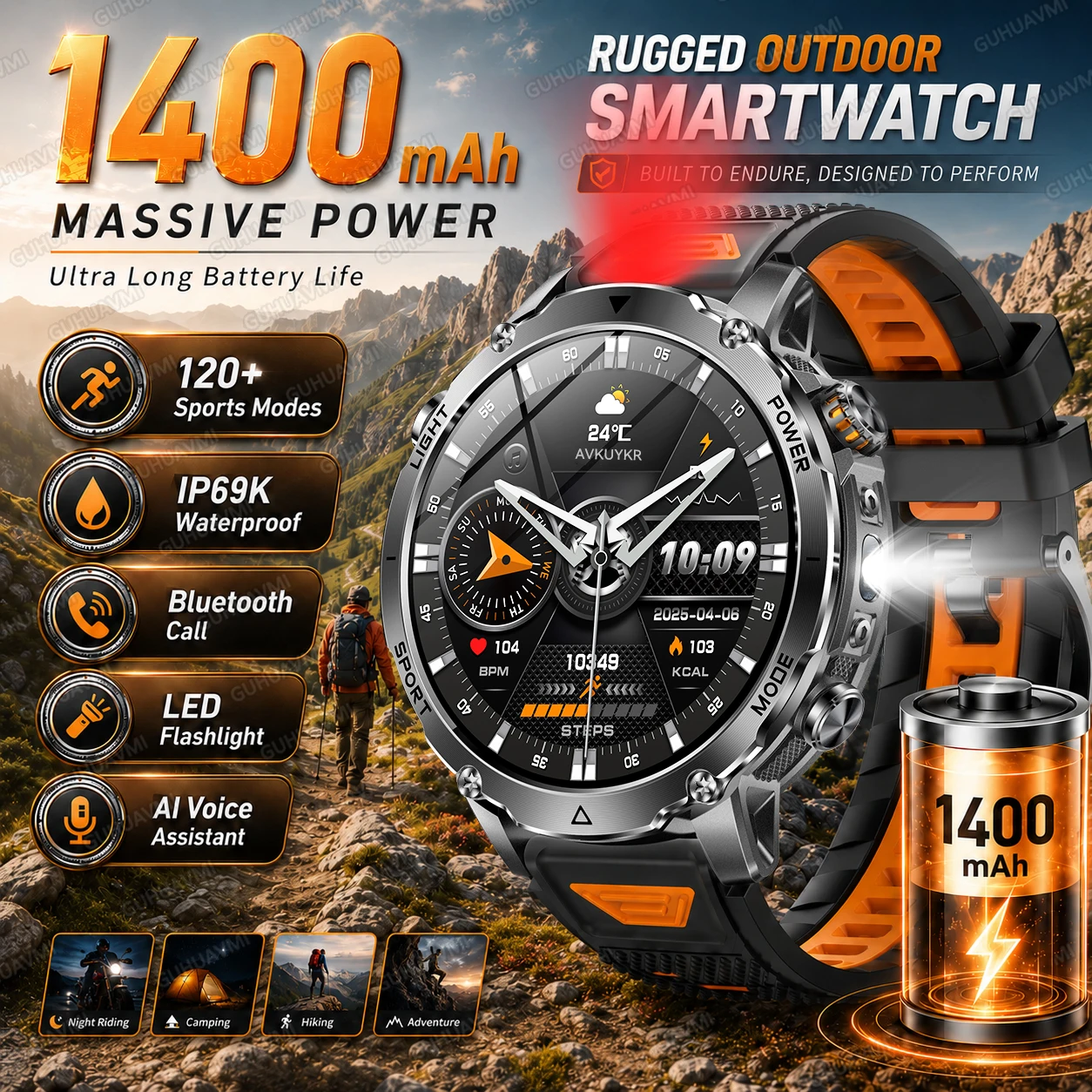 

Outdoor Hiking Camping Smart Watch 1400mAh Battery IP69K Waterproof LED Flashlight Bluetooth Call AI Voice 120 Sports Mens Watch