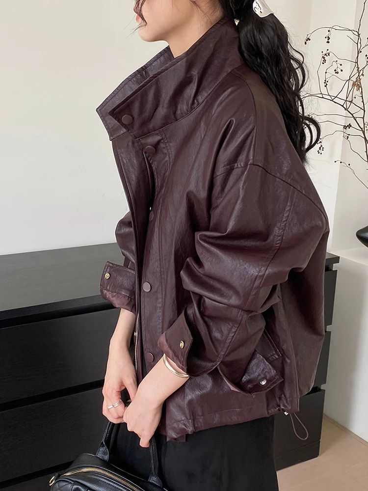LANMREM Casual Vintage Leather Jacket Women\'s lapel Collar Long Sleeves Solid Color Zipper Design Coats 2024 Autumn New 2Z2926