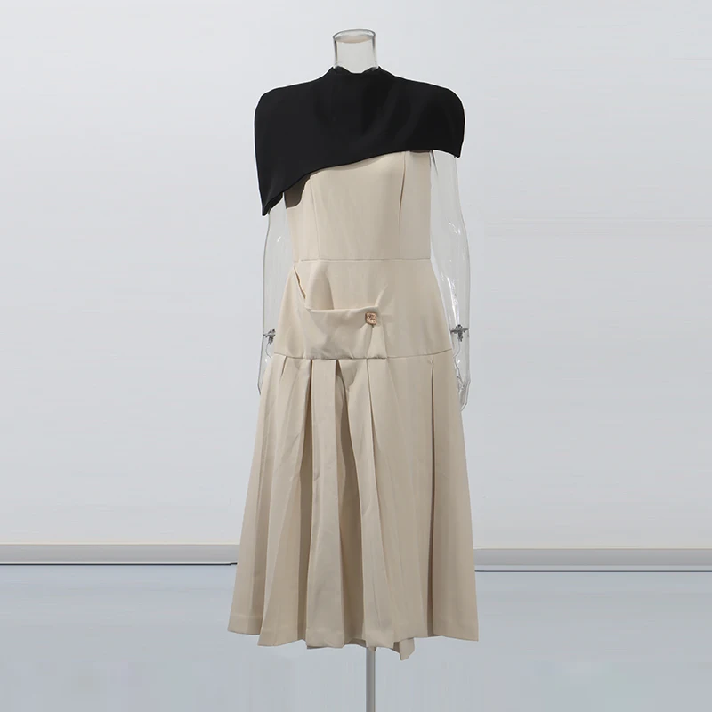 TWOTWINSTYLE 여성을위한 분리형 망토 드레스 스퀘어 칼라 민소매 하이 웨이스트 히트 컬러 패치 워크 폴드 드레스 여성 신규