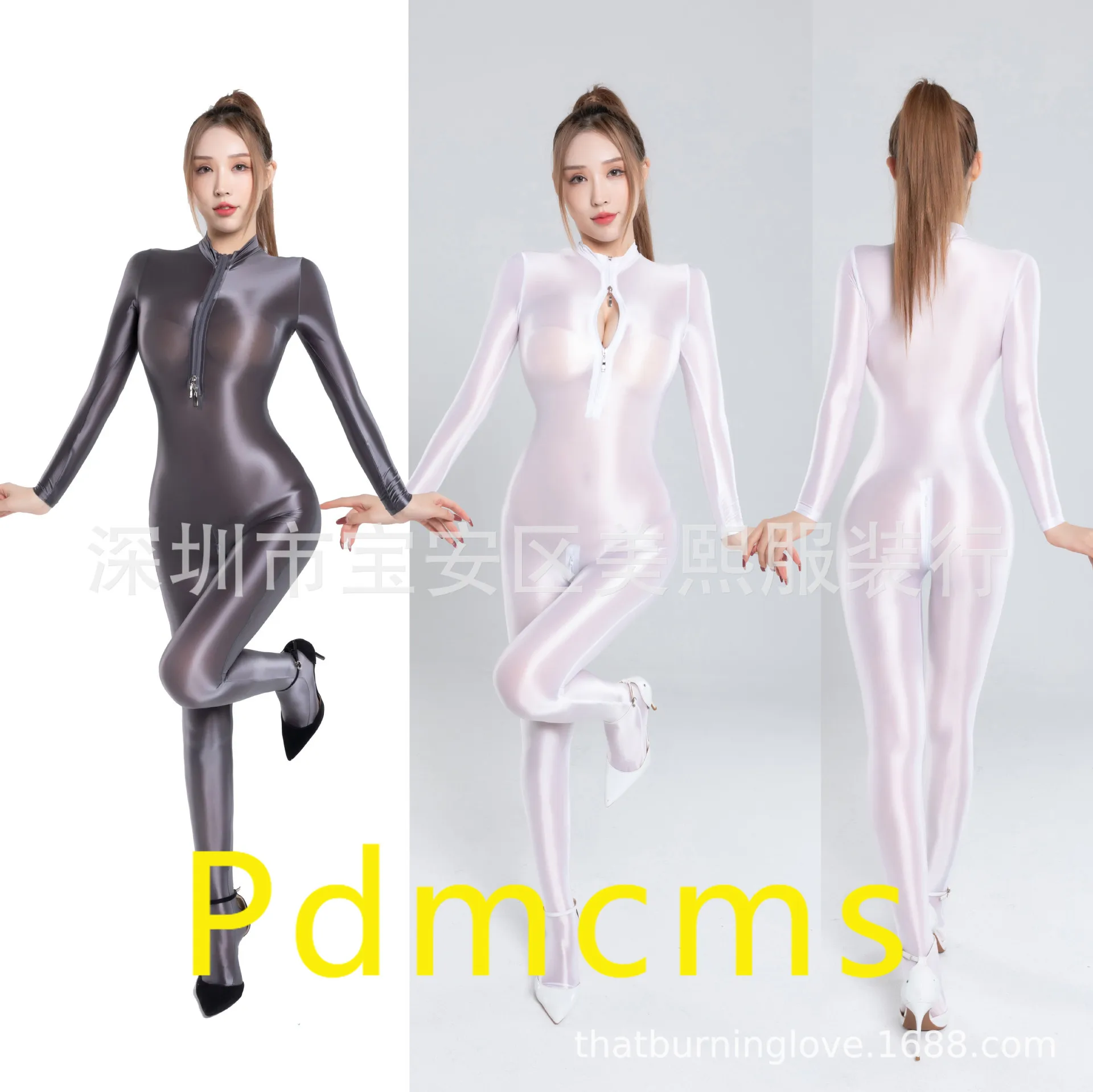 

2025 new oily smooth silky smooth double-ended zipper over crotch bag foot length onesie jumpsuit 1916