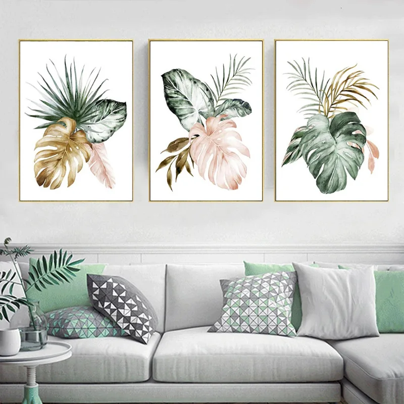 Tropical plants green leaves gold flowers Wall art canvas painting poster printing living room home decorative painting core