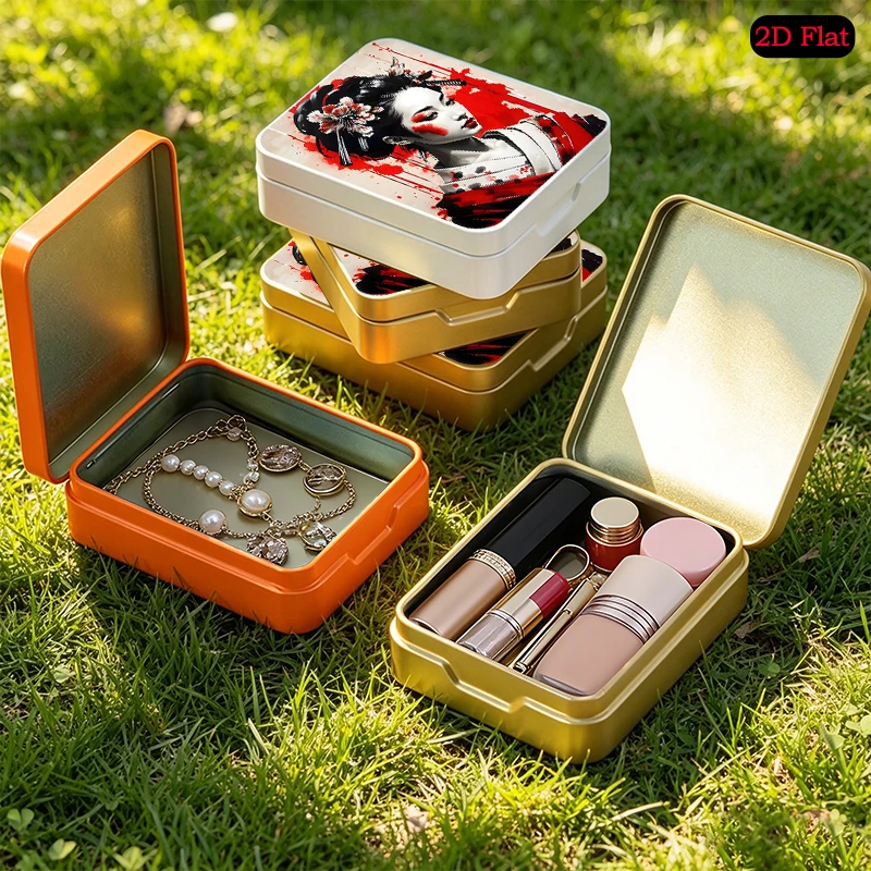 Geisha with Red Splashes theme Mini Portable Flip Top Tin Box, UV Printed Personalized Photo Tinplate Box, Square Metal Tin Box