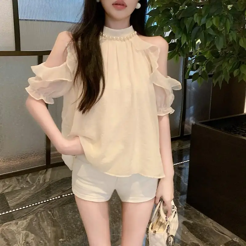 Summer New Commuter Casual Women\'s Clothing Fashion Ruffle Edge Simplicity Solid Color Round Neck Short Sleeve Pullover Shirt