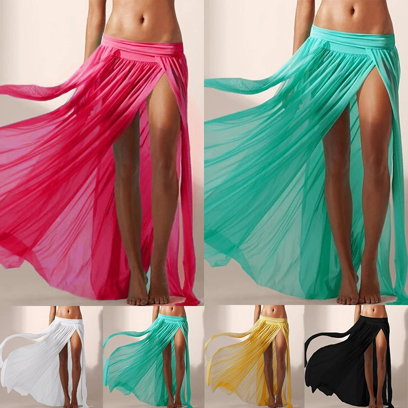 Summer Beach Bikini Cover Ups Wrap Mesh Skirt for Women Solid Colors Elastic Side Split Maxi Skirts Bathing Suit Sexy dress