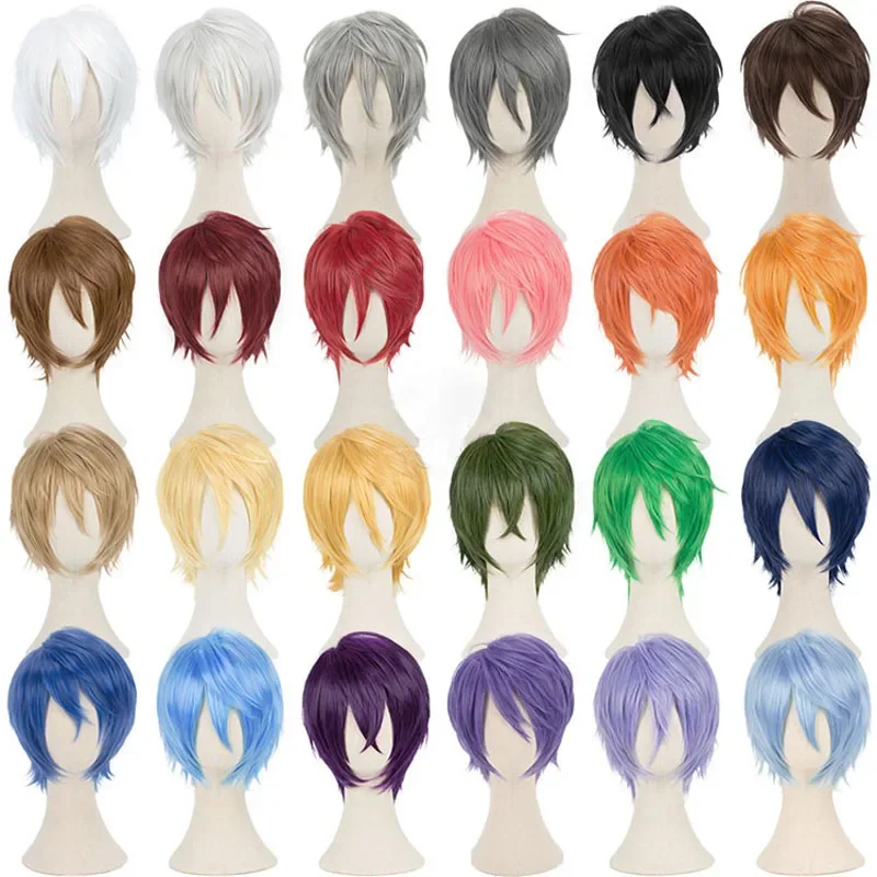 30cm Short Straight Cosplay Wig Tilt Up Shaggy Fluffy Layered Heat Resistant Synthetic Hair 48 Colors Game Anime Wigs   WigCap