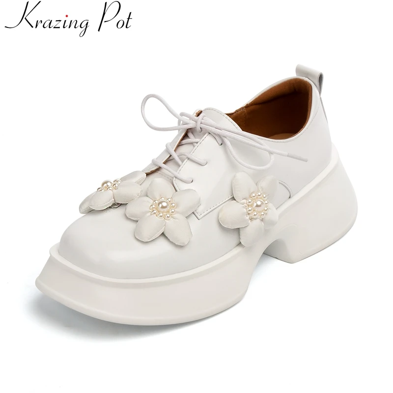 

Krazing Pot 2023 Genuine Leather Square Toe Korean High Heels Platform Young Lady Loafers Flower Casual Preppy Style Women Pumps