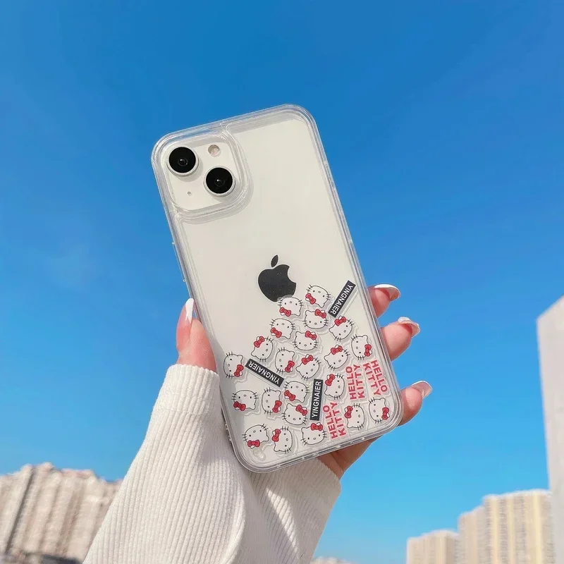 Cute Cartoon Sanrio Hello Kitty Bling Glitter Quicksand Phone Case For iPhone 15 Pro 14 13 12 11 Pro Max Clear Hard Back Cover